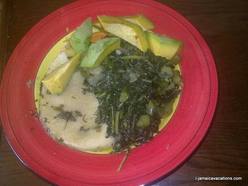 Steamed callaloo with bammy and avacado
