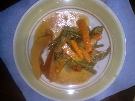 Pumpkin and steamed veg in coconut sauce Pumpkin and steamed veg in coconut sauce