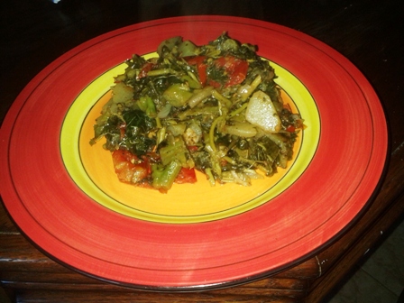 Steamed callaloo with cho cho