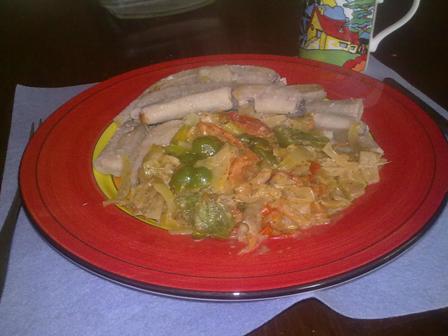 with steamed veg in coconut sauce